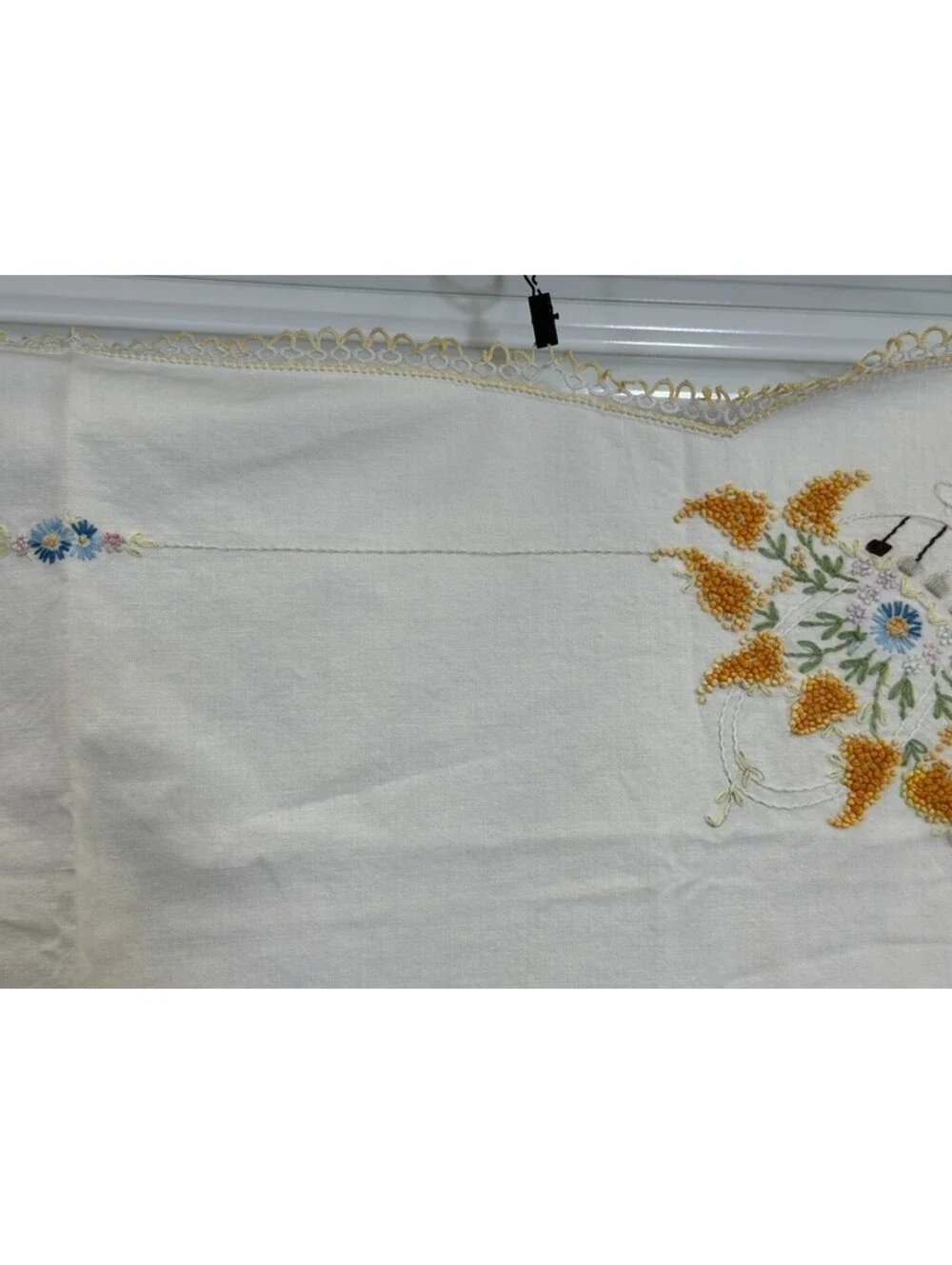 Hand Embroidered Vintage Floral Scalloped Edges Card Table Tablecloth Topper